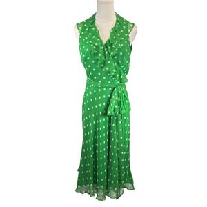 Ralph Lauren Wrap Dress Silk Kelly Green Polka Dot Ruffle Classic Timeless Sz 8